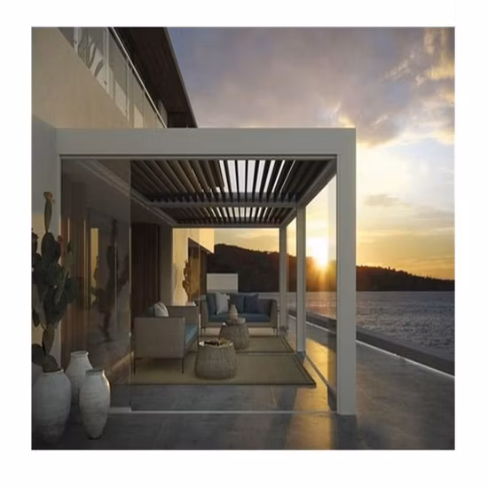 Gartenmöbel-Sonnenschutz, wasserdicht, elektrisch, Lamellendach, Metallmarkise, Gartenpavillon, motorisierte Aluminium-Pergola mit Seitenvorhängen