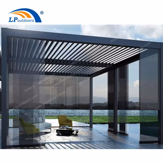 Aluminium-Sonnenschutz, wasserdicht, elektrischer Gartenpavillon, Lamellendach, Pergola mit LED-Licht